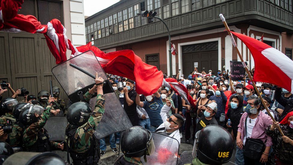 Supporters of ousted Peruvian President Martin Vizcarra, who was removed in an impeachment vote late Monday, demonstrate against the new government in Lima on November 10, 2020
