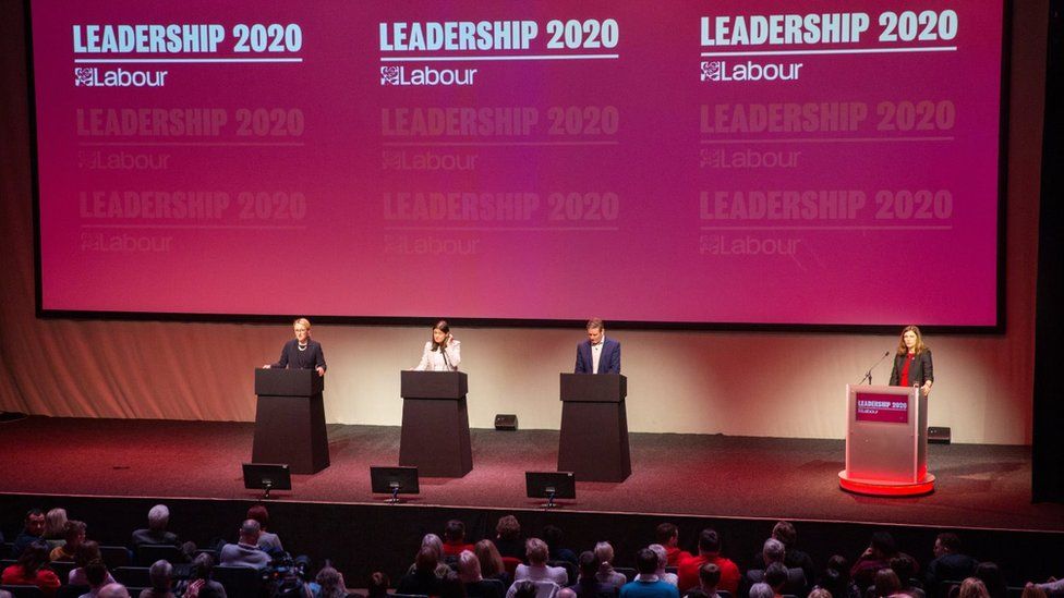 (L-R) Rebecca Long-Bailey, Lisa Nandy and Sir Keir Starmer speaking at the Labour leadership hustings on the stage at SEC in Glasgow on February 15, 2020 in Glasgow, Scotland. Sir Keir Starmer, Rebecca Long-Bailey and Lisa Nandy are vying to replace Labour leader Jeremy Corbyn, who offered to step down following his party's loss in the December 2019 general election.