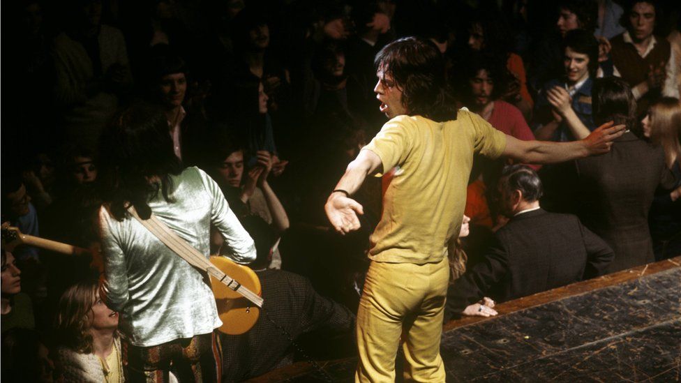 Bill Wyman and Mick Jagger of The Rolling Stones perform at Colston Hall in Bristol in 1971