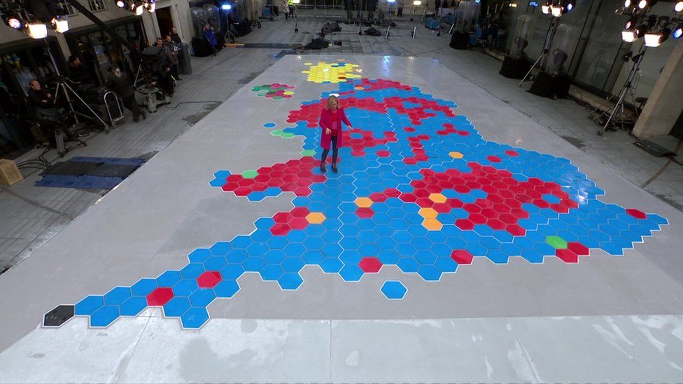 The 2019 general election result displayed as a constituency map of the UK, outside New Broadcasting House in London