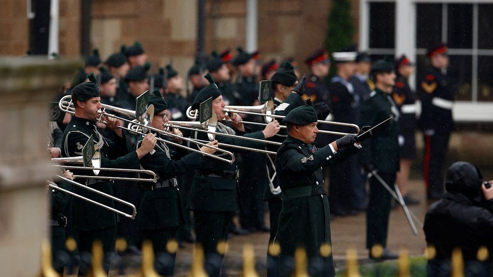 The band of the Royal Irish Regiment performing during the ceremony at Hillsborough Castle