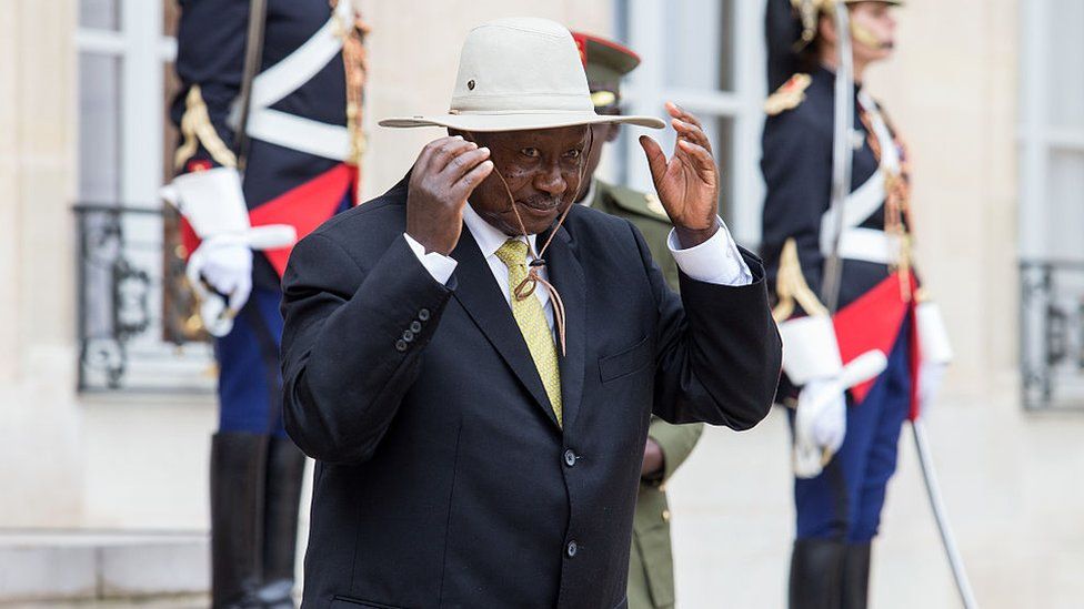 President Yoweri Museveni of Uganda wearing a hat on a visit to France