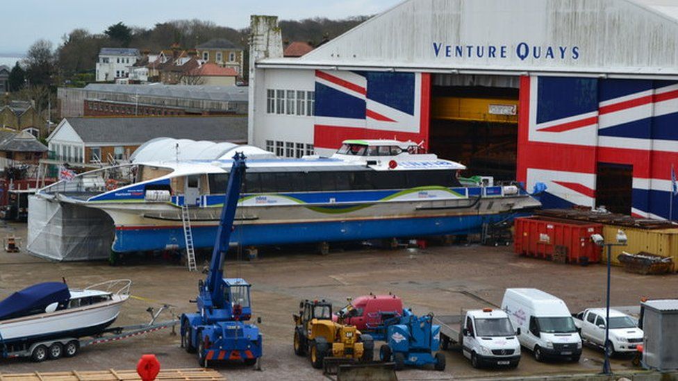 Thames Clipper undergoing maintenance in 2018 at Columbine hangar, Venture Quays