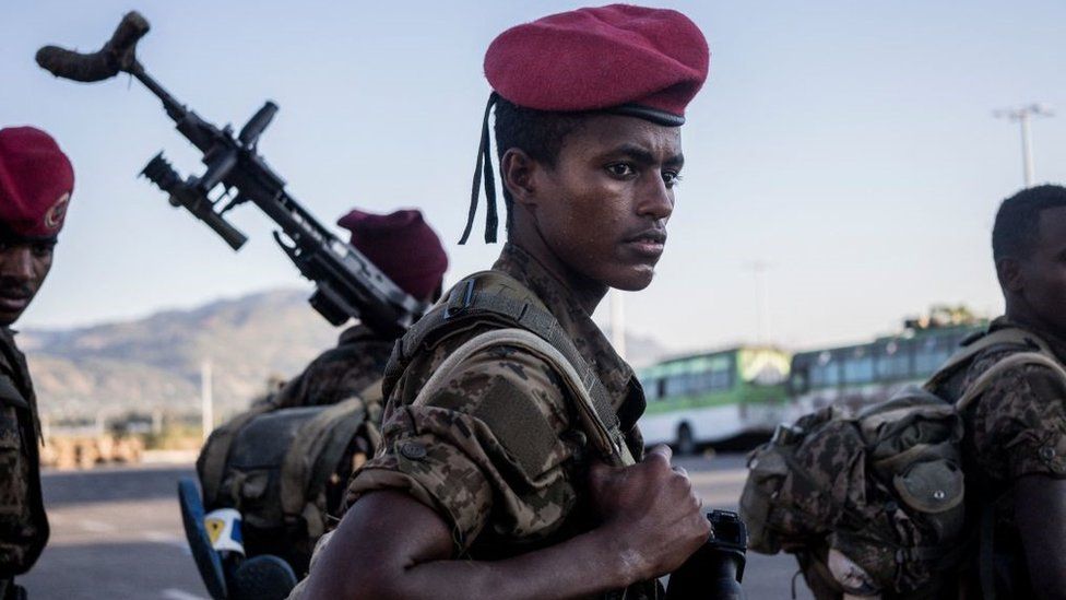 A soldier from the Ethiopian National Defence Force (ENDF) looks on in Kombolcha , Ethiopia, on December 11, 2021