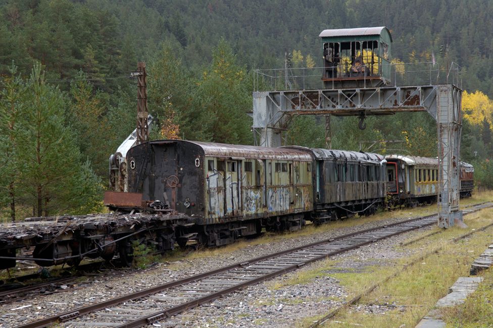 Three disused train carriages near Canfranc