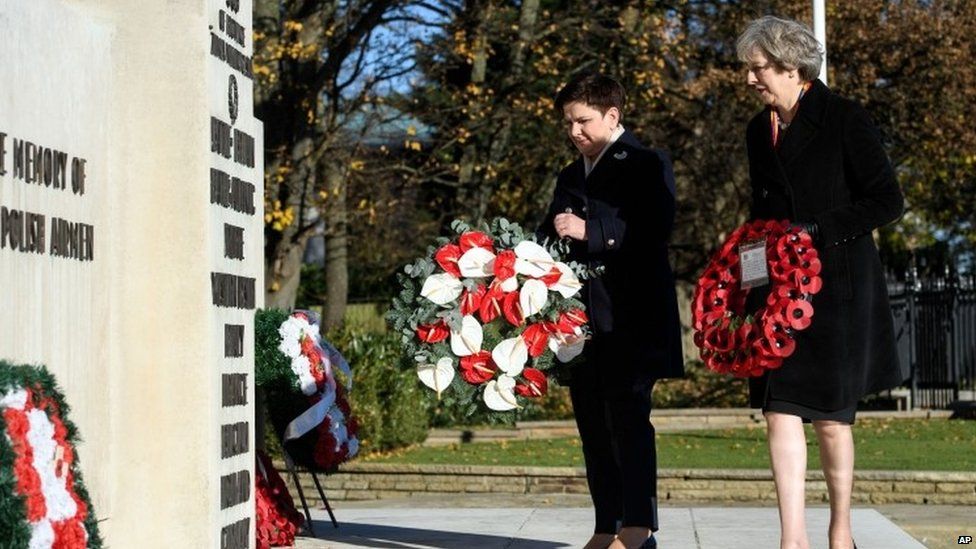 Theresa May and Beata Szydlo lay wreaths at the Polish war memorial in Northolt, north-west London