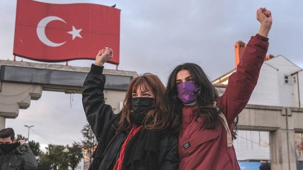 Turkish women protesting against withdrawal from Istanbul Convention, 24 Mar 21