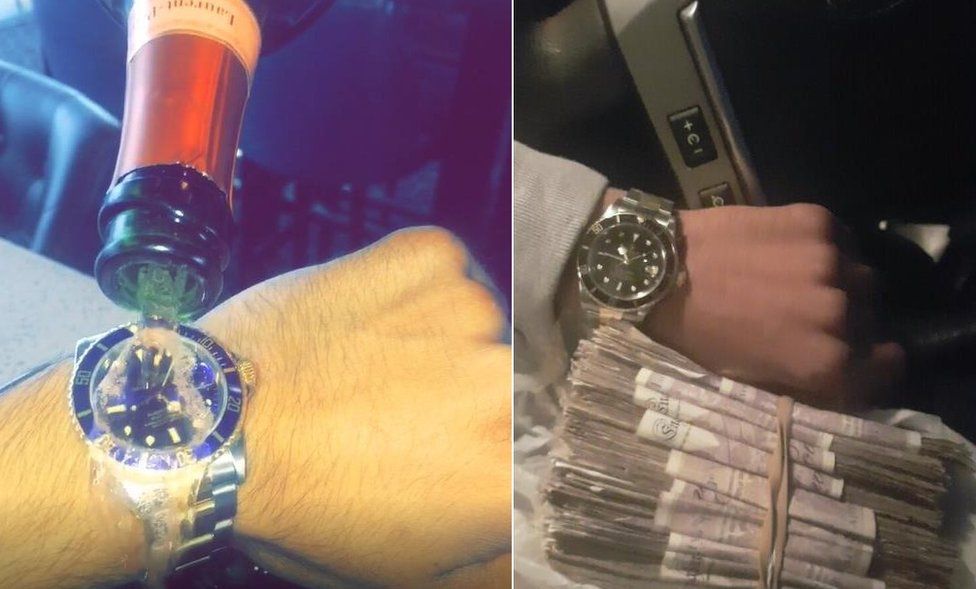 Images of Hamilton-Thomas showing off his Rolex including by pouring champagne over it