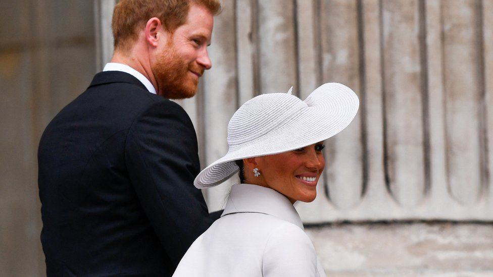 Prince Harry and Meghan, Duchess of Sussex, arrive for the National Service of Thanksgiving