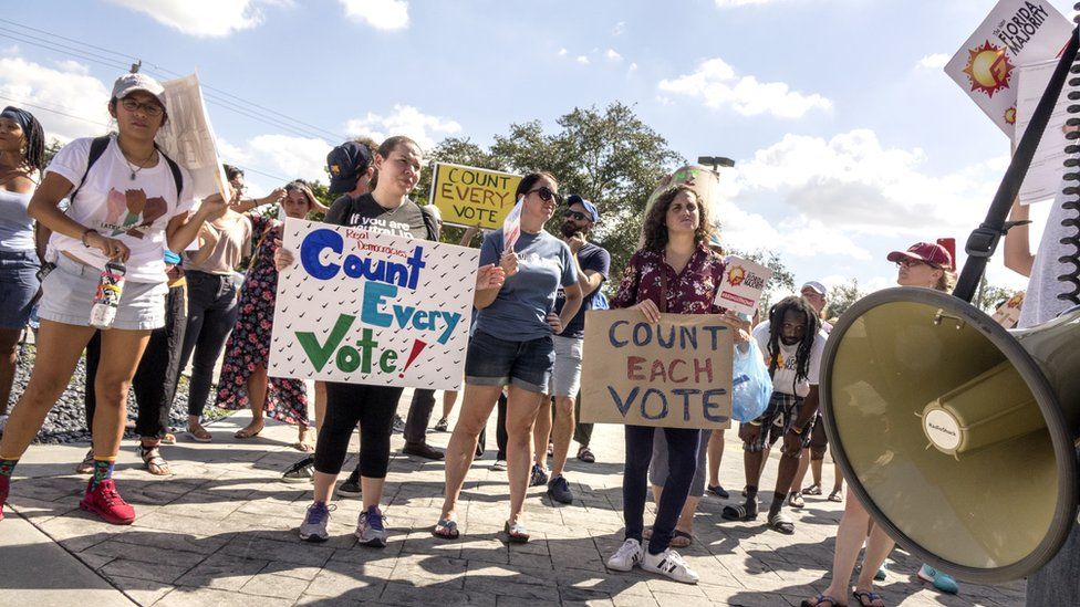 A crowd of protesters demand a vote recount outside the Miami-Dade Election Department in Florida, 10 November 2018