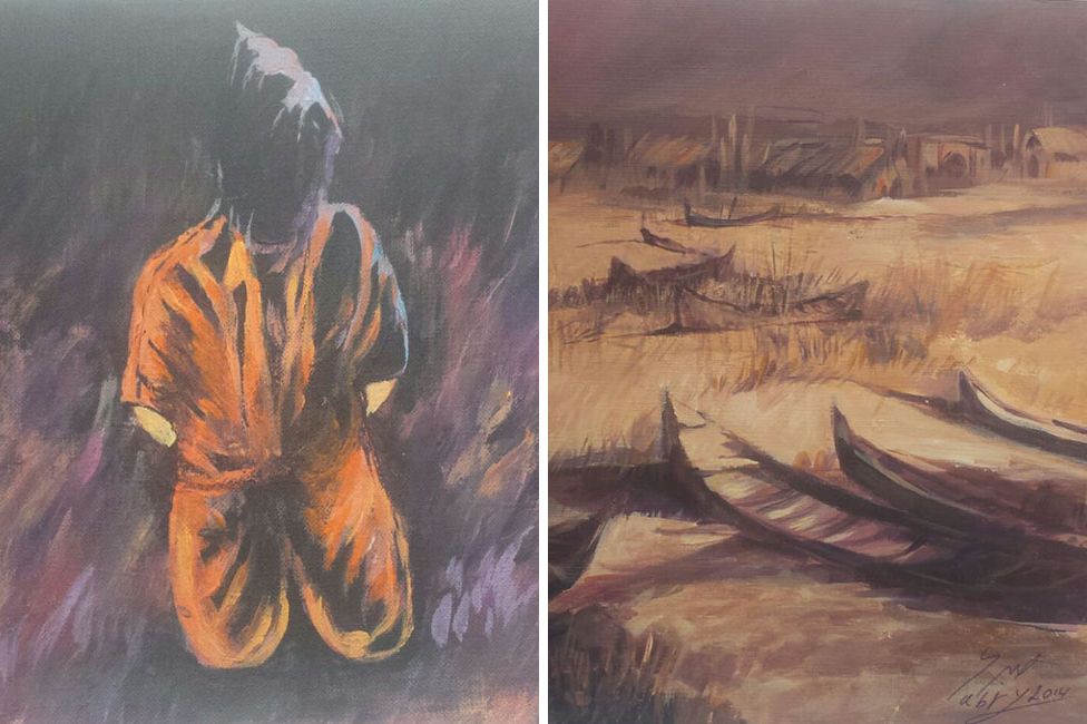 Selections from two paintings by Sabry al-Qarashi, who began painting in Guantanamo.