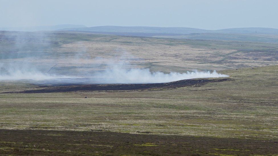Smoke rising from reignited moor fire