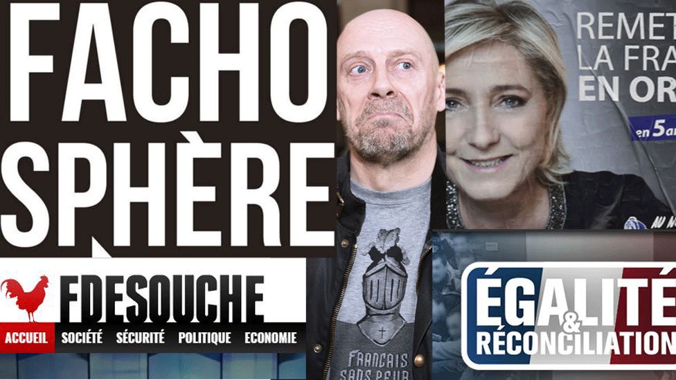 Composite image of alt-right websites and picture of Alain Soral and Marine Le Pen