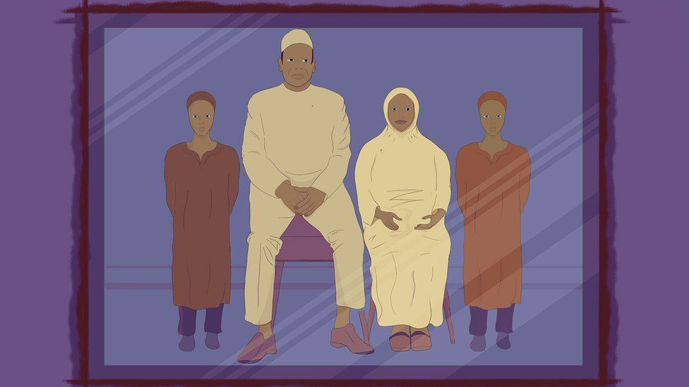 Ilustración de una familia: esposo, mujer con hijab y dos hijos.