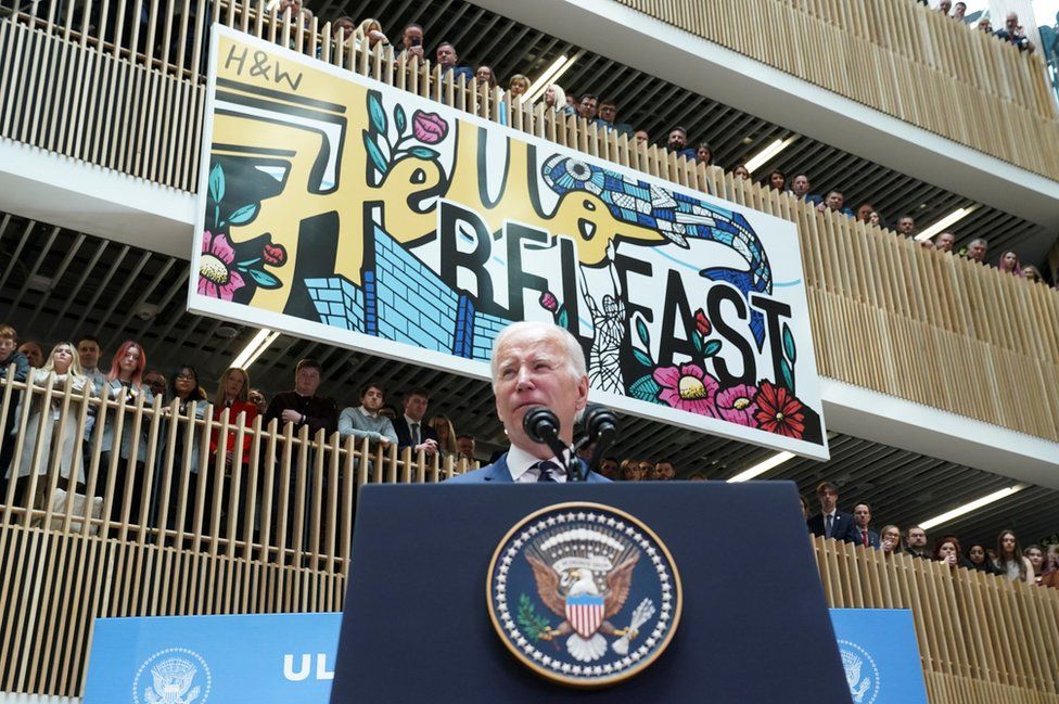 Joe Biden gives a speech in Belfast in April 2023