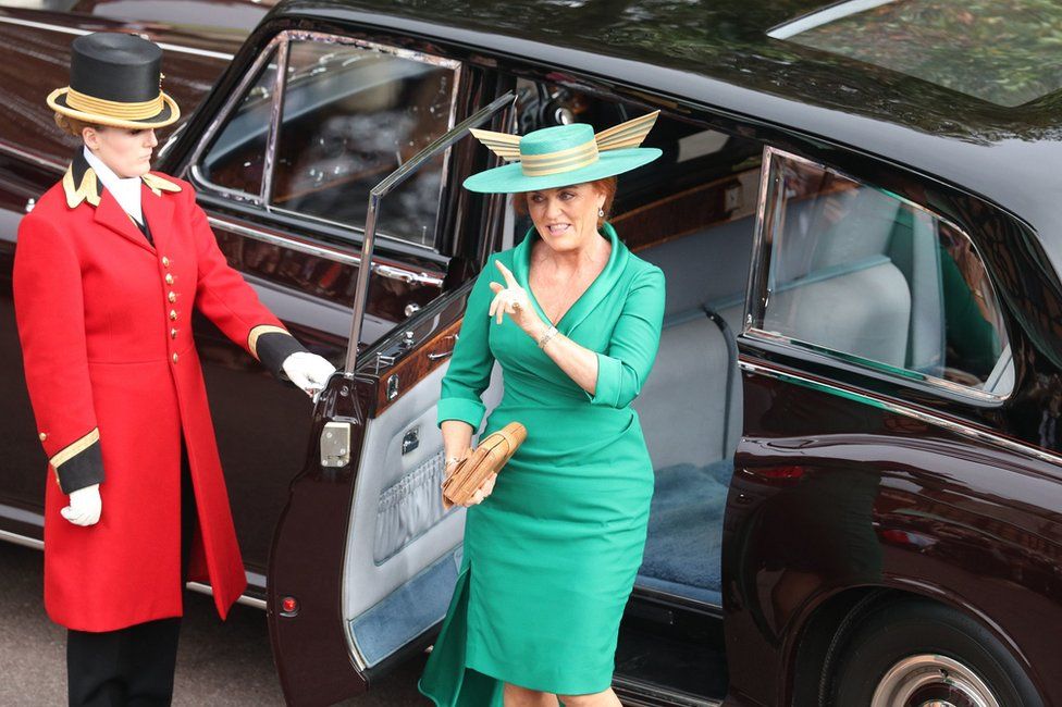 Sarah Ferguson arrives for the wedding of Princess Eugenie to Jack Brooksbank at St George"s Chapel in Windsor Castle