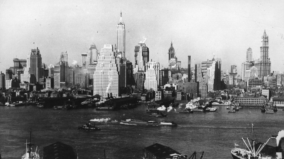 A view over the Hudson River of the Lower Manhattan skyline, New York City, in the 1930s