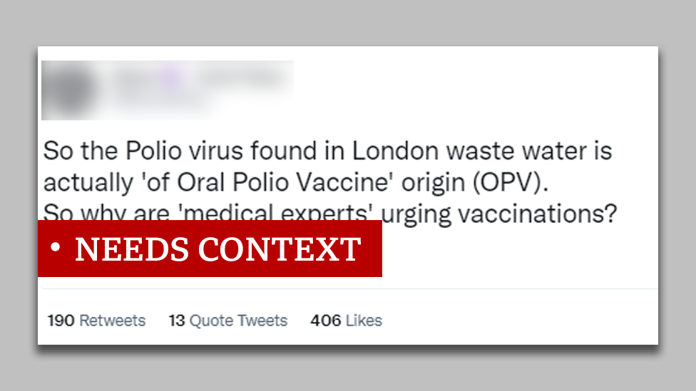 Пост с пометкой «КОНТЕКСТ ПОТРЕБНОСТЕЙ» гласит: «Таким образом, вирус полиомиелита, обнаруженный в лондонских сточных водах, на самом деле имеет происхождение от оральной вакцины против полиомиелита. Так почему же «медицинские эксперты» настаивают на вакцинации?»