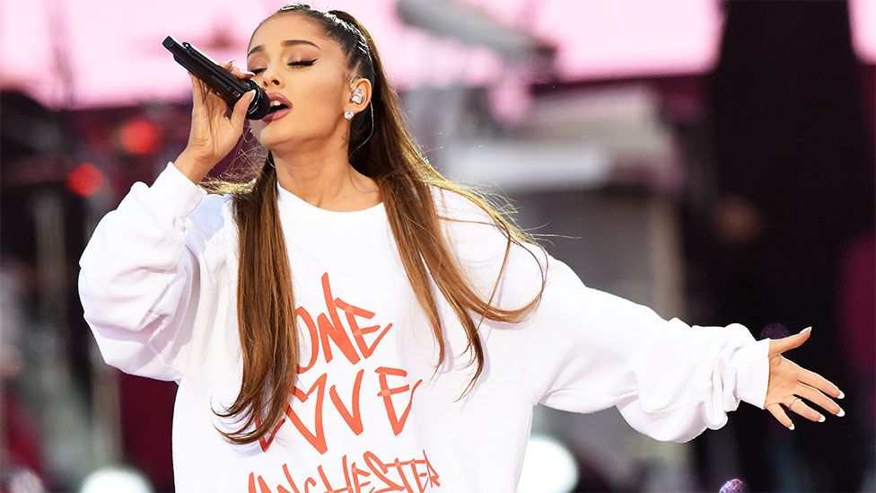 Ariana Grande performing at the One Love Manchester tribute concert