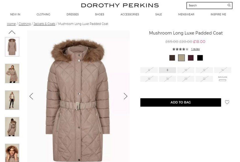 Coat for sale on Dorothy Perkins website
