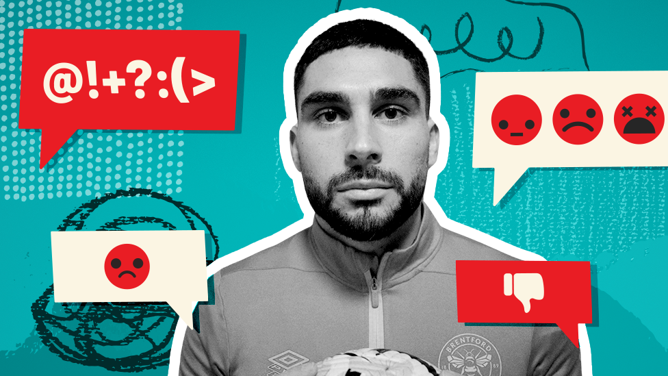 Graphic with a photo of Brentford striker Neal Maupay with angry emojis and text bubbles representing hateful messages