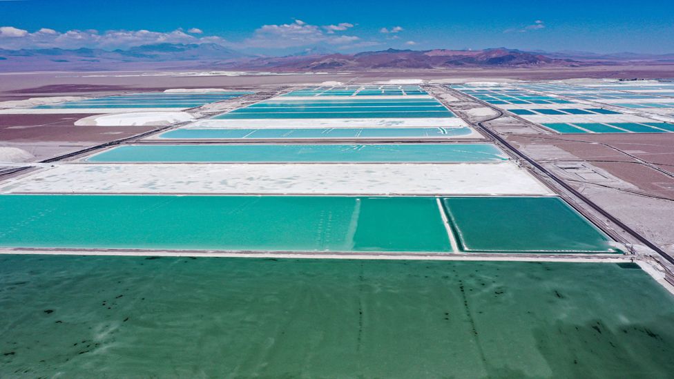 Aerial view of SQM (Sociedad Quimica Minera) brine ponds in the Atacama Desert, Chile, on September 12, 2022.