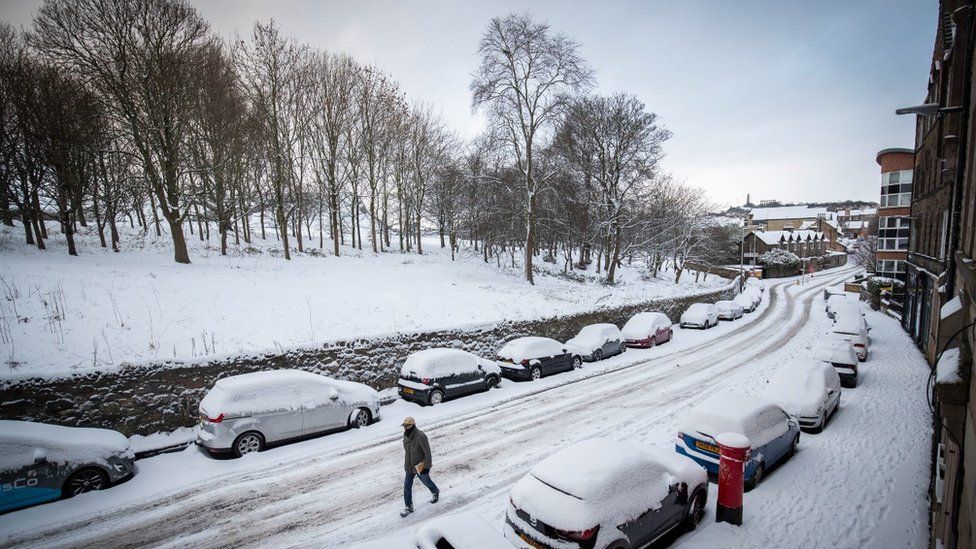 Snow-covered street in Edinburgh