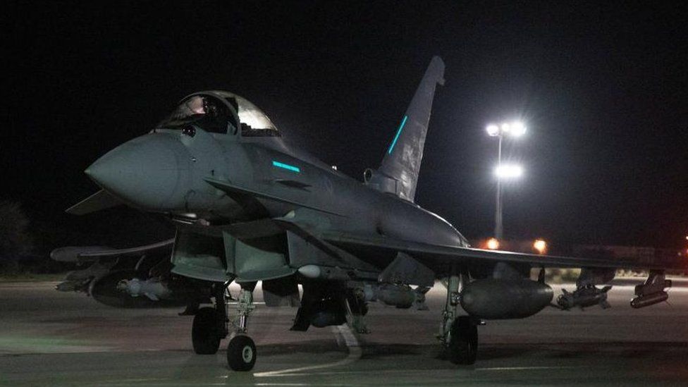 An RAF Typhoon aircraft prepares to take-off to conduct air strikes against Houthi targets in Yemen, 3 February 3 2024