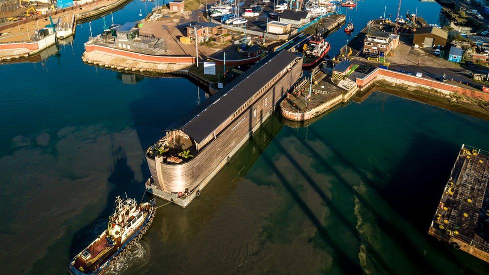 A replica of Noah's Ark arriving in Ipswich