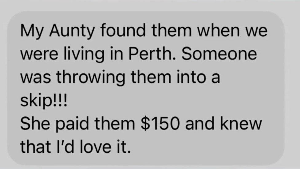 Text on wedding dress find: My Aunty found them when we were living in Perth. Someone was throwing them into a skip!!! She paid them $150 and knew that I'd love it.