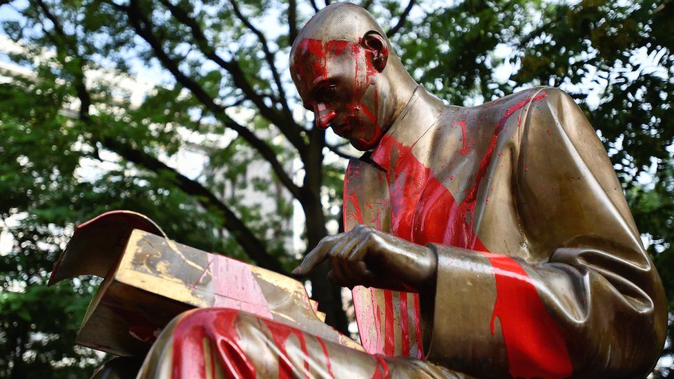 Statue of famous Italian journalist and writer, Indro Montanelli, is seen smeared with red paint during the protests against racism, in Milan, Italy - 14 June 2020