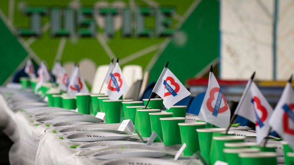 Table decorated with flags and green cups