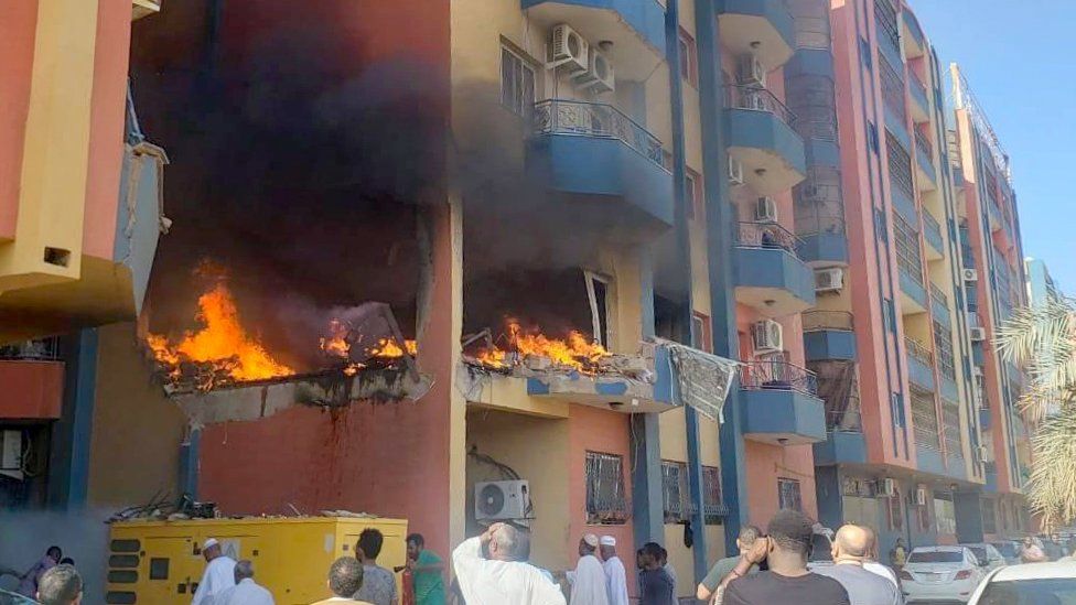 A view of the area as a fire broke out after a house was hit in the Lamab district during clashes between military factions in Khartoum, Sudan - 20 April 2023