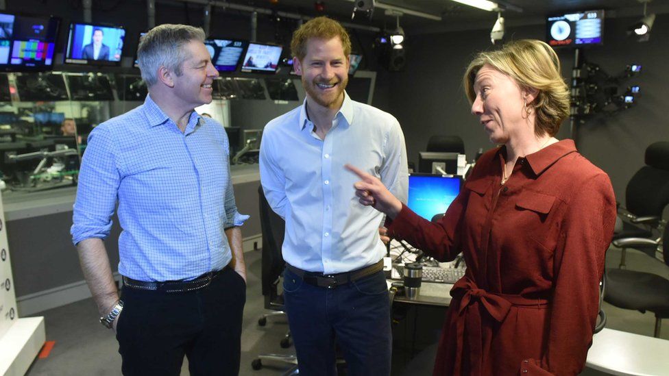 Prince Harry in Today studio with presenters Justin Webb and Sarah Montague