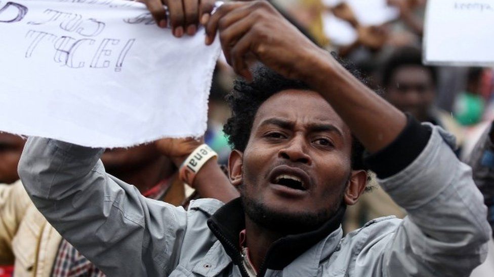 A protester chants slogans during a demonstration over what they say is unfair distribution of wealth in the country at Meskel Square in Ethiopia"s capital Addis Ababa, August 6, 2016