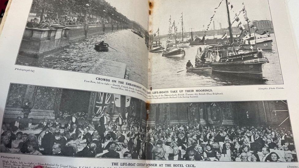 Black and white images in the RNLI booklet showing the crew enjoying a black-tie dinner and the lifeboat in the sea
