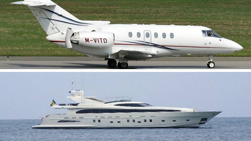 A composite image of one of the private jets and the yacht