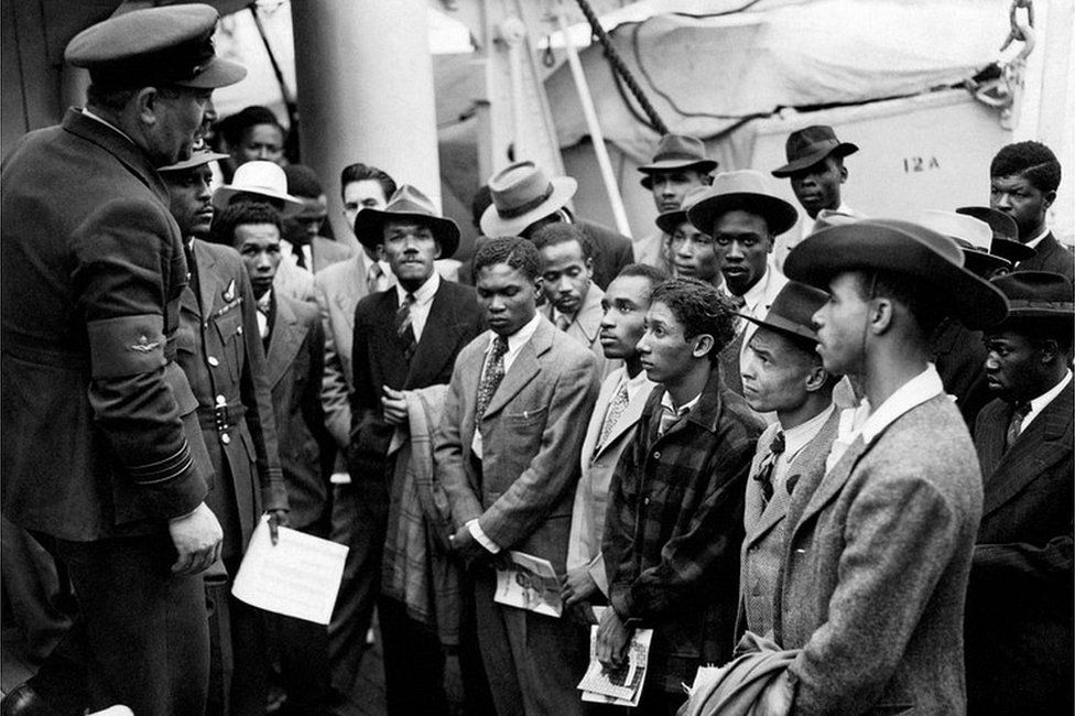 Jamaican (West Indian) immigrants welcomed by RAF officials from the Colonial Office - Johnny Smythe is second from right