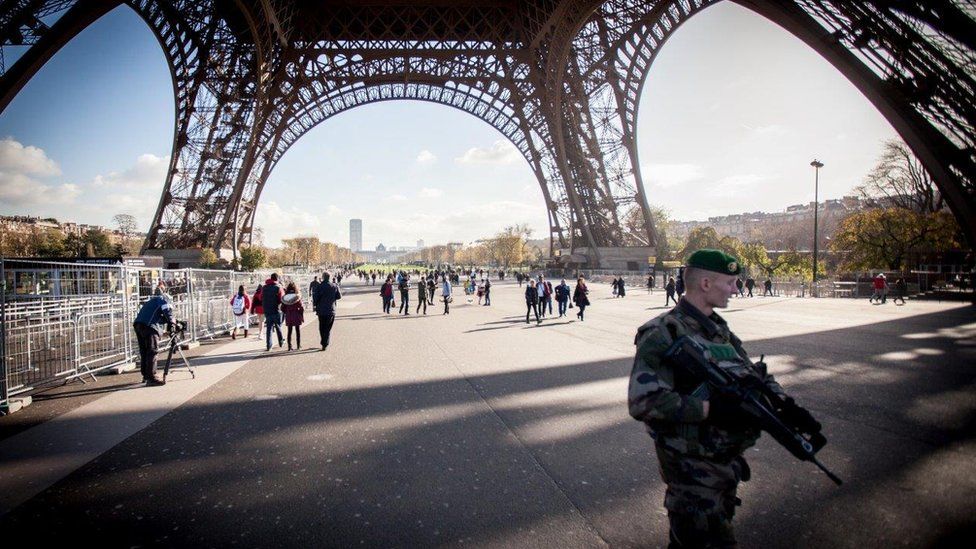 Security at base of Eiffel Tower in the aftermath of the Paris attacks