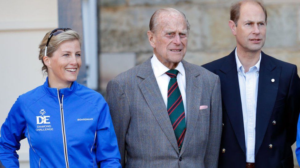 The late Prince Phillip is flanked by Sophie, the Countess of Wessex and Prince Edward in 2016 at the Palace of Holyroodhouse in Edinburgh