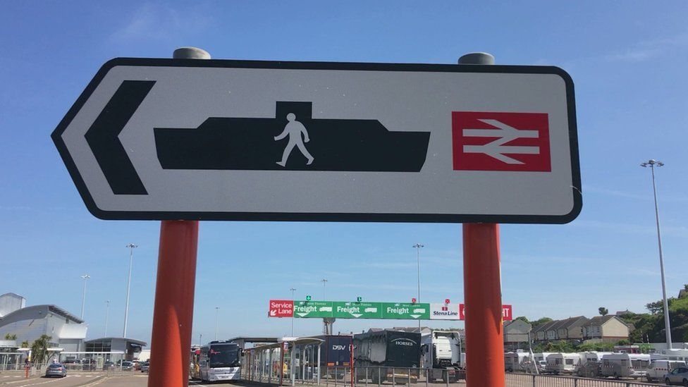 Sign for ferry and rail passengers at Holyhead Port