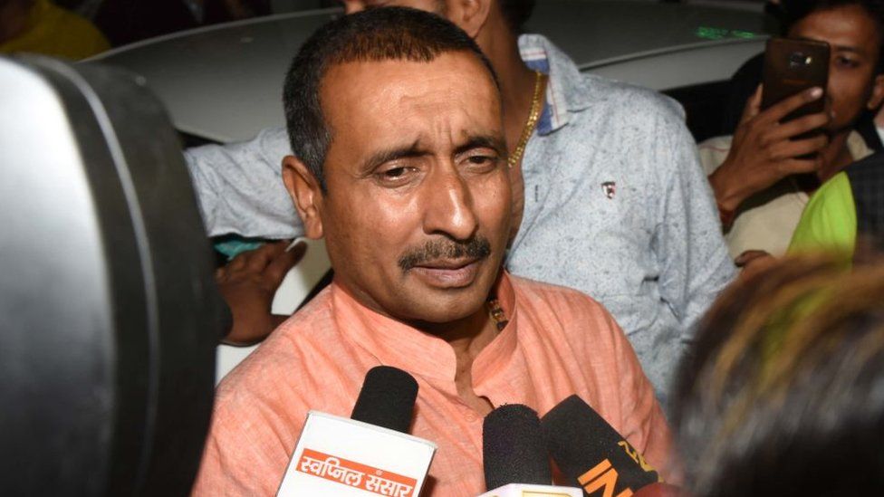 BJP MLA Kuldeep Singh Sengar, the main accused for allegedly raping a 17-year-old Dalit girl in Uttar Pradesh's Unnao, speaks to media personnel outside SSP office, on April 11, 2018 in Lucknow, India.