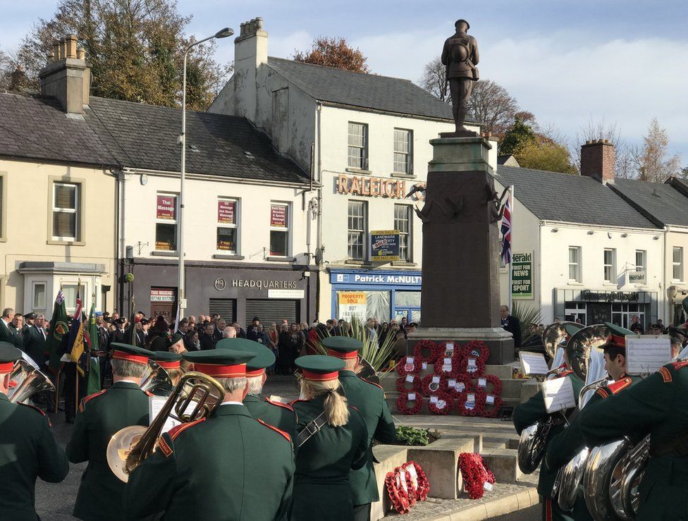 A band playing at the war memorial in Enniskillen