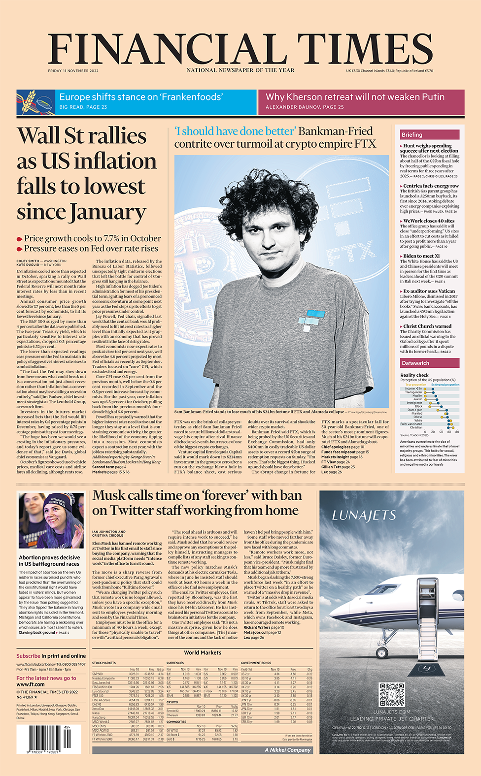 The headline in the Financial Times reads: "Wall St rallies as US inflation falls to lowest since January"