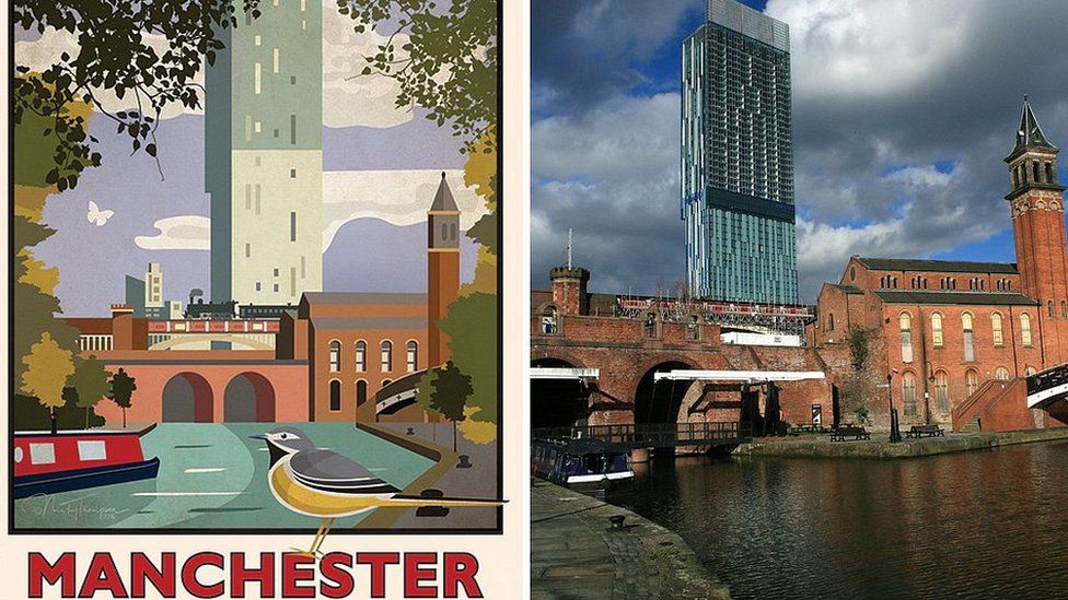 Beetham Tower in the poster and in a photo