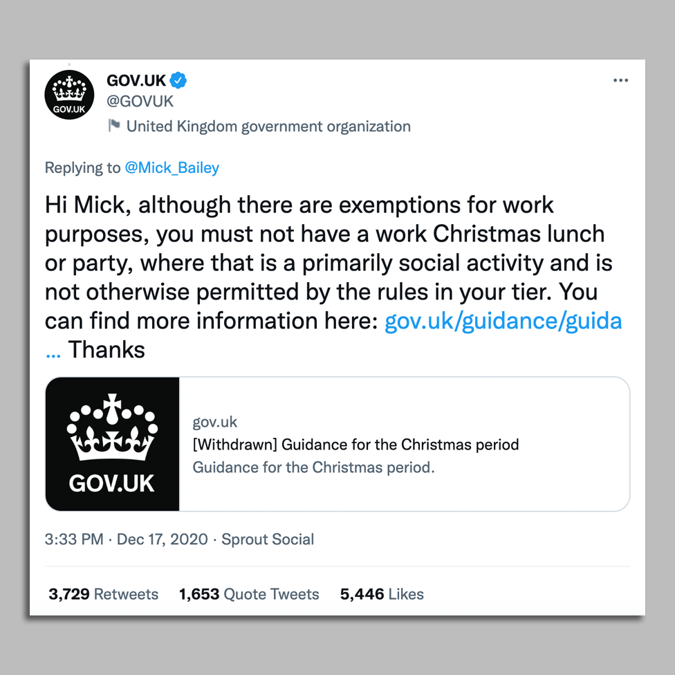 gov.uk tweet: "Hi Mick, although there are exemptions for work purposes, you must not have a work Christmas lunch or party, where that is primarily social activity and is not otherwise permitted by the rules in your tier. You can find more information here, thanks