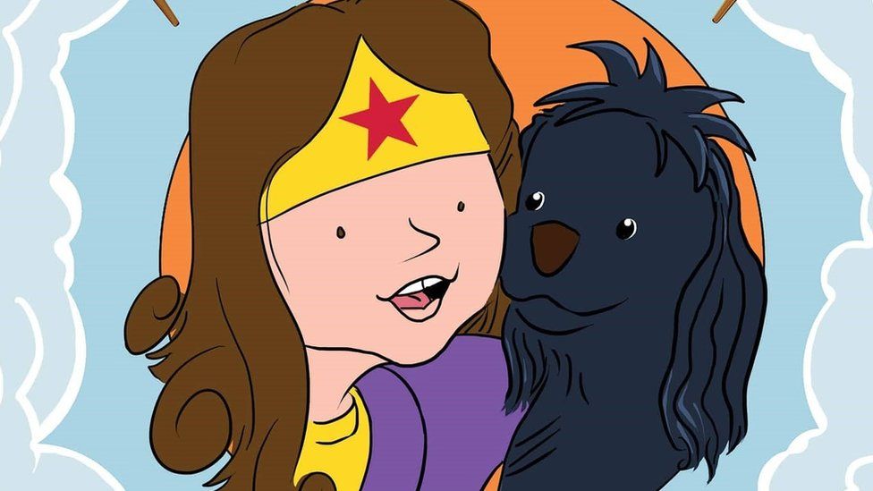Book cover cartoon over Carmela dressed as a superhero with her dog
