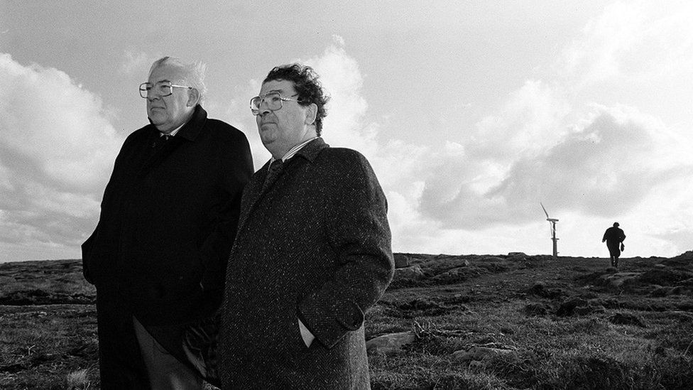 John Hume and Ian Paisley on Rathlin Island in 1992 when wind turbines were first installed to generate electricity for the island