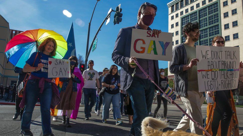 Сотрудники ЛГБТ-сообщества и их сторонники покидают Disney Animation, протестуя против того, как генеральный директор Боб Чапек улаживает разногласия с персоналом по поводу «Дон» во Флориде. t Say Gay», также известный как законопроект «Родительские права в образовании», во вторник, 22 марта 2022 г., в Бербанке, Калифорния