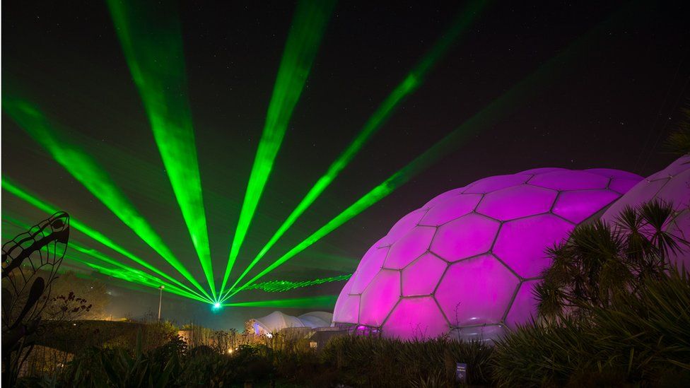 Laser light show over the Eden Project, Cornwall
